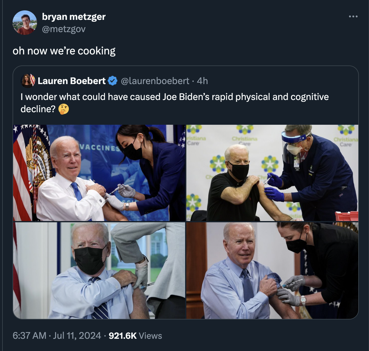 screenshot - bryan metzger oh now we're cooking Lauren Boebert. 4h I wonder what could have caused Joe Biden's rapid physical and cognitive decline? Vaccines Views Care